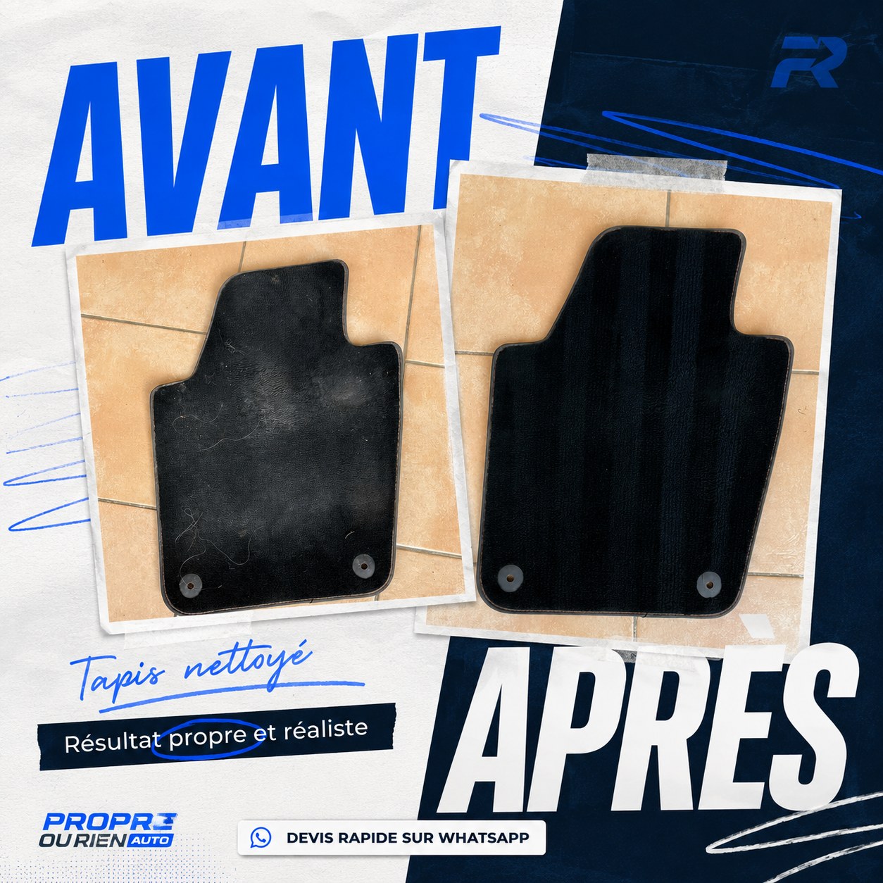 Avant après tapis voiture, méthode Propre ou Rien Auto