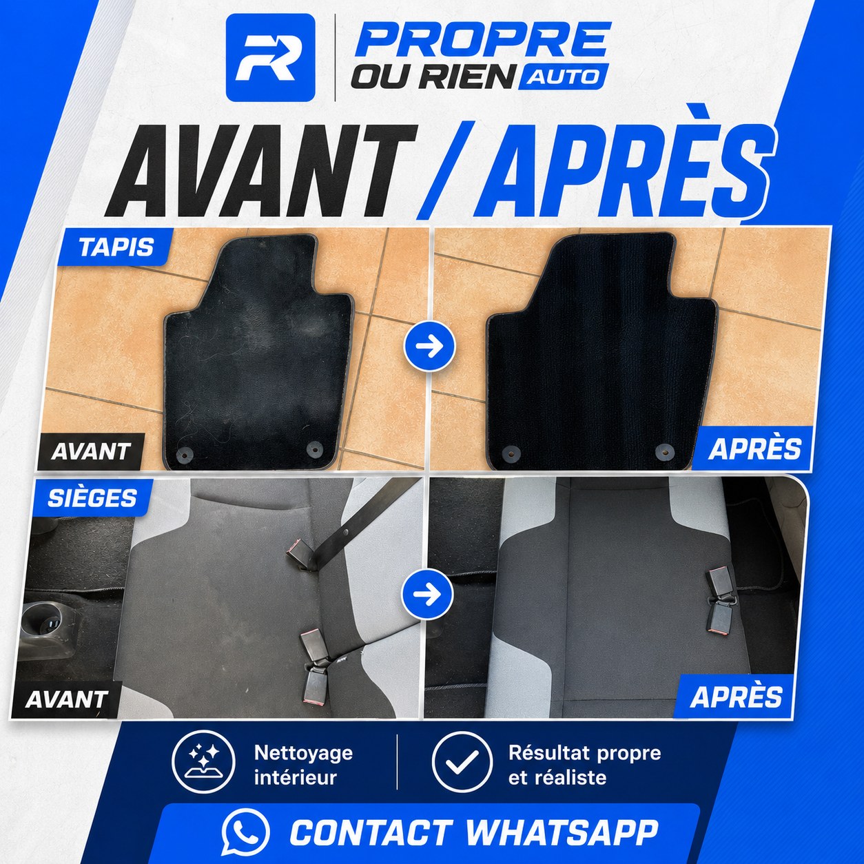 Avant après combo tapis et sièges nettoyage intérieur complet